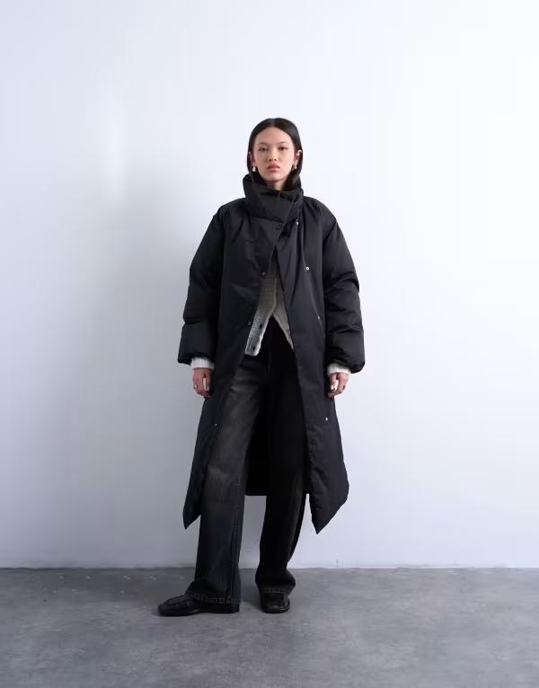 とっ始め販売店 レディース アウター 厚地の外套 照明ランプ素っ首 上衣 Topshop funnel neck longline belted puffer jacket Black 黒いこと