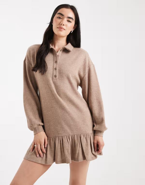 ミスセルフフリッジ レディース トップス ワンピース リブ セーター Miss Selfridge brushed ribbed collar detail sweater dress in camel CAMEL キャメル|ReVida 店