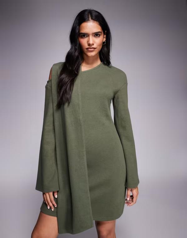 エイソス レディース トップス 衣装 ミニ衣装 ミニ ASOS DESIGN supersoft slash neck scarf detail mini dress Khaki カーキ