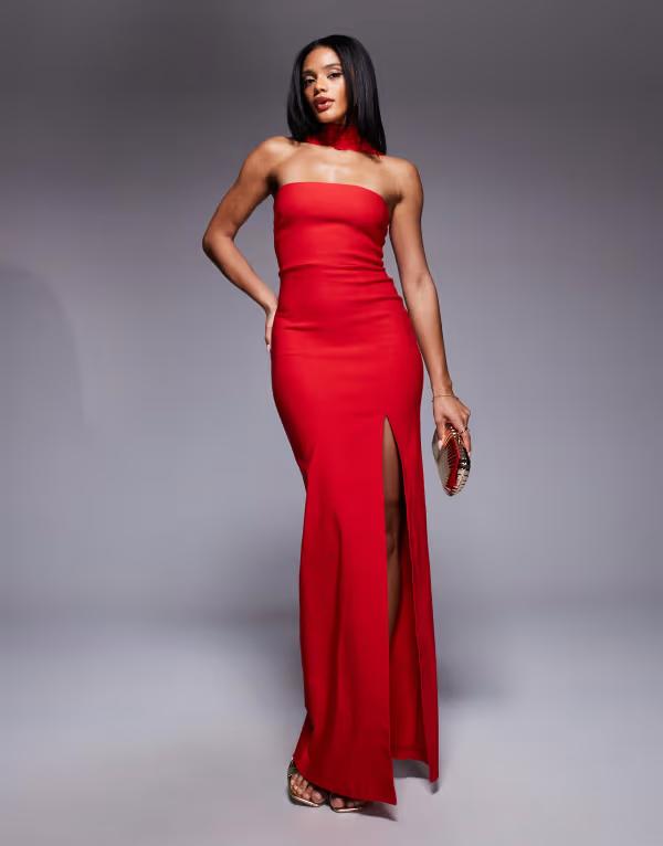 ベスパー レディース トップス 衣装 姿勢細長い切口 マキシ衣装 マキシ Vesper bengaline choker neck detail bandeau side slit maxi dress RED 赤いこと