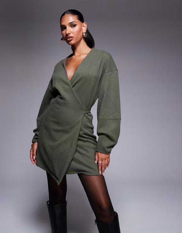 エイソス レディース トップス ワンピース ミニワンピース ミニ ASOS DESIGN supersoft long sleeve wrap tie front mini dress Khaki カーキ