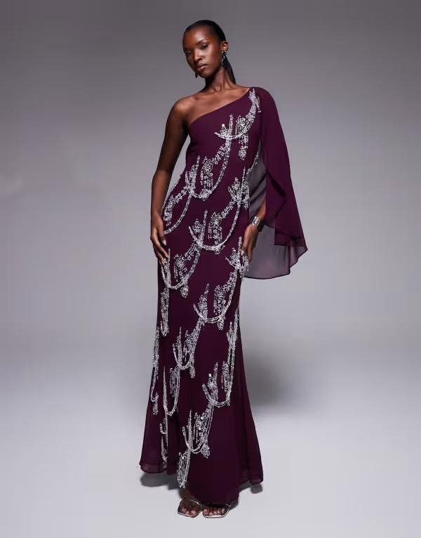 エイソス レディース トップス ワンピース ケープデザイン マキシワンピース キャップ ケープ マキシ フリンジ ASOS DESIGN fringe embellished bias cut maxi dress with cape sleeve in plum Plum プラム
