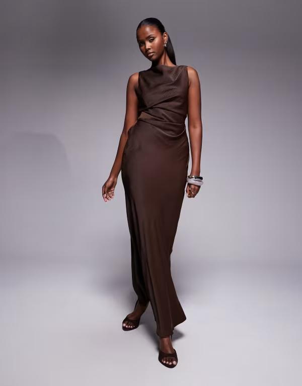 エイソス レディース トップス ワンピース マキシワンピース ドレープ サテン マキシ ASOS DESIGN satin drape bodice maxi dress with cowl back detail in chocolate Chocolate チョコレート