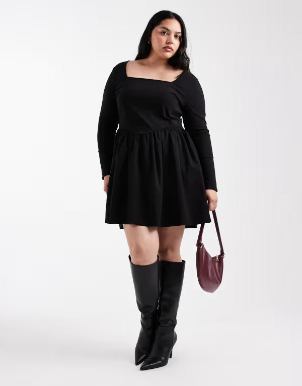 オンリーカーブ レディース トップス ワンピース ミニワンピース ミニ ONLY Curve corset detail long sleeve mini dress Black ブラック|ReVida 店