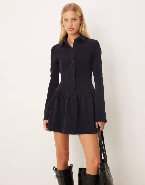 エイソス レディース トップス ワンピース コーデュロイ ミニワンピース ミニ ASOS DESIGN button up dropped waist corduroy mini dress NAVY ネイビー