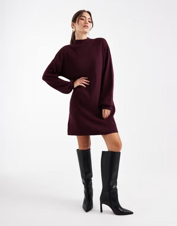 ヴェロモーダ レディース トップス 衣装 ミニ衣装 照明ランプ素っ首 ミニ 編み物 Vero Moda knit funnel neck mini dress Winetasting バーガンディ