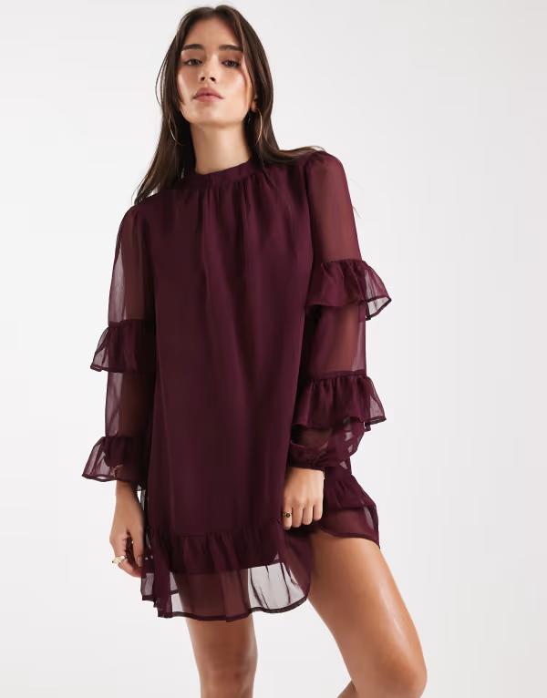 ウェンズデーガール レディース トップス 衣装 ハイネック ミニ衣装 フラウンス ミニ Wednesday\u0027s Girl long sleeve high neck ruffle detailed mini dress Burgundy バーガンディ レディースファッション-ワンピース