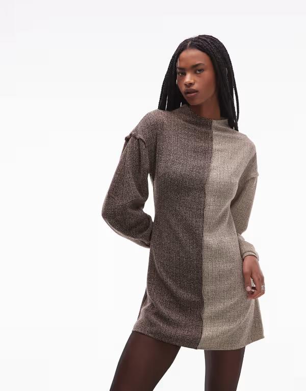 エイソス レディース トップス ワンピース ミニワンピース ミニ ツイード コントラスト ASOS DESIGN long sleeve tweed mini dress in contrast brown color Brown ブラウン