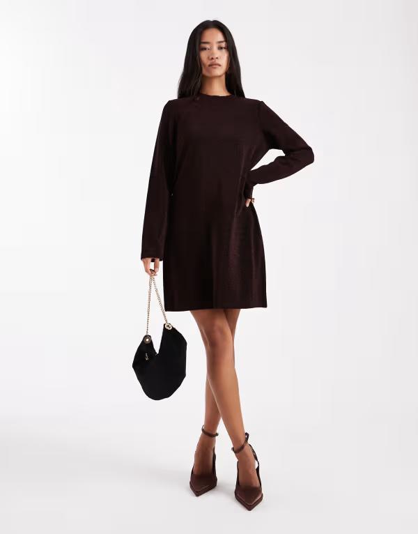 オブジェクト レディース トップス ワンピース ミニワンピース ミニ Object long sleeve glitter mini dress in warm Black Detail Brown ブラック|ReVida 店