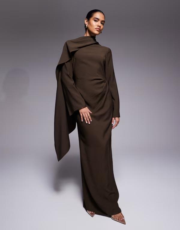 エイソス レディース トップス ワンピース マキシワンピース マキシ ASOS DESIGN long sleeve scarf detail maxi dress in chocolate Chocolate チョコレート