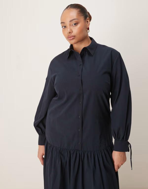 エイソス レディース トップス ワンピース シャツワンピース タイディテール シャツ マキシ ASOS Curve ASOS DESIGN Curve long sleeve tie detail maxi shirt dress NAVY ネイビー
