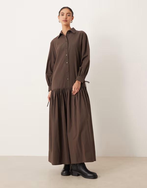 エイソス レディース トップス ワンピース シャツワンピース タイディテール シャツ マキシ ASOS DESIGN long sleeved tie detail maxi shirt dress in chocolate Chocolate チョコレート