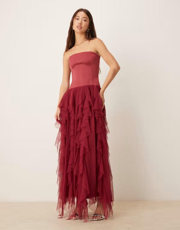 レース アンド ビーズ レディース トップス ワンピース チュール マキシワンピース フリル マキシ Lace & Beads bandeau tulle ruffle detail maxi dress Burgundy バーガンディ|ReVida 店