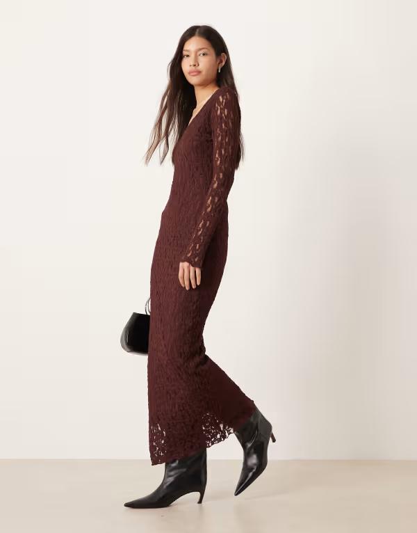 エイソス レディース トップス ワンピース Vネック マキシワンピース マキシ ASOS DESIGN v-neck long sleeve maxi dress in chocolate Chocolate チョコレート