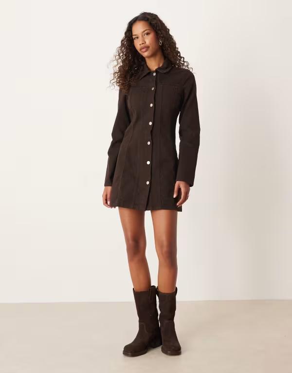 エイソス レディース トップス 衣装 ミニ衣装 ミニ ジーンズ ASOS DESIGN denim long sleeve fit and flare mini dress インチ chocolate Chocolate 黒茶