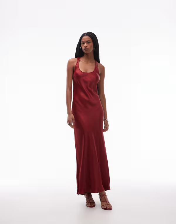 エイソス レディース トップス ワンピース マキシワンピース サテン マキシ ASOS DESIGN satin scoop neck maxi dress Burgundy バーガンディ