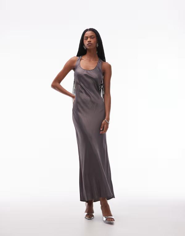 エイソス レディース トップス ワンピース マキシワンピース サテン マキシ ASOS DESIGN satin scoop neck maxi dress in charcoal CHARCOAL チャコール
