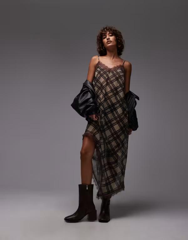 リクレイム ヴィンテージ レディース トップス ワンピース アシンメトリー ミディワンピース ミディ シアー Reclaimed Vintage sheer layering midi dress with asymmetric hem in chocolate brown check Browns ブラウン