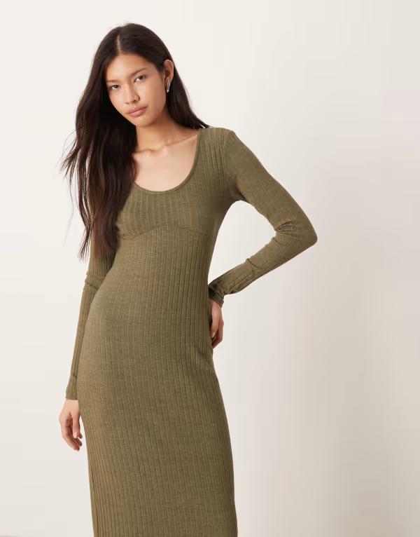 エイソス レディース トップス 衣装 midi衣装 肋筋 midi ASOS DESIGN ribbed long sleeve scoop with under bust seam detail MIDI dress インチ olive OLIVE オリーブ