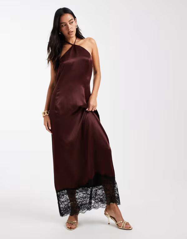 ミスセルフフリッジ レディース トップス ワンピース マキシワンピース サテン レース マキシ ホルター Miss Selfridge satin and lace halter maxi dress in chocolate Chocolate チョコレート