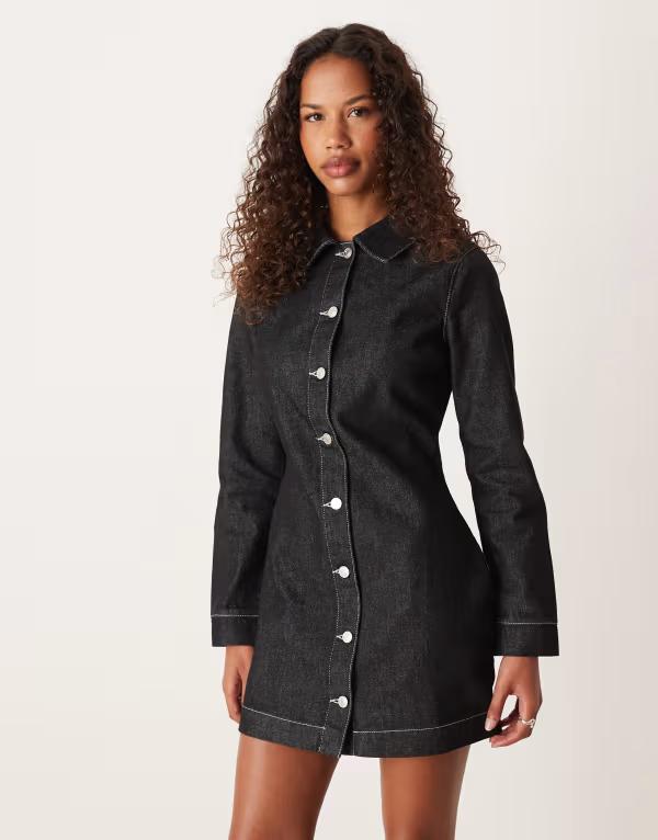 エイソス レディース トップス ワンピース シャツワンピース シャツ デニム ASOS DESIGN fitted denim shirt dress Black ブラック｜ReVida 店