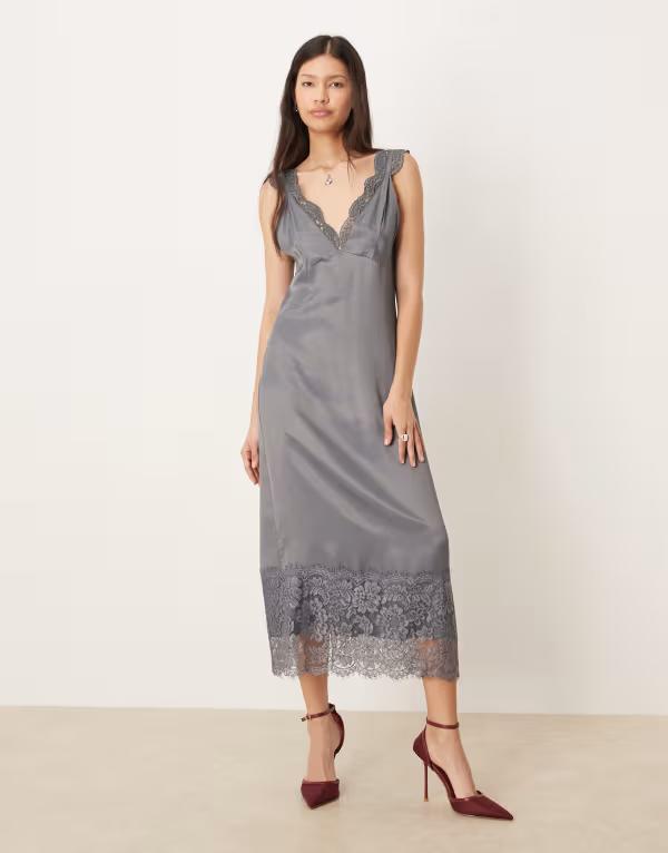エイソス レディース トップス 衣装 V素っ首 マキシ衣装 繻子 スピード競技 マキシ ASOS DESIGN lace detail v-neck satin maxi dress インチ charcoal Gray 薄墨色