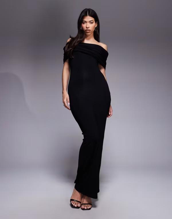 エイソス レディース トップス ワンピース ミディワンピース ギャザー ミディ ASOS DESIGN extreme ruched off the shoulder midi dress Black ブラック