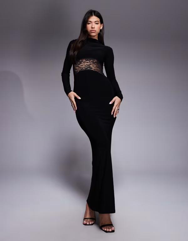 エイソス レディース トップス ワンピース ハイネック マキシワンピース レース マキシ ASOS DESIGN high neck long sleeve maxi dress with lace panel Black ブラック