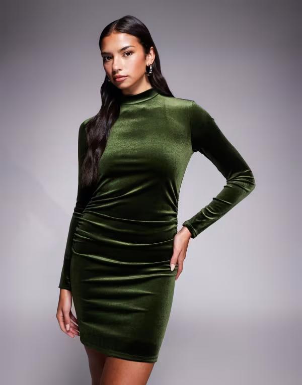 エイソス レディース トップス ワンピース ハイネック ミニワンピース ミニ ベルベット ASOS DESIGN velvet high neck long sleeve mini dress in olive OLIVE オリーブ