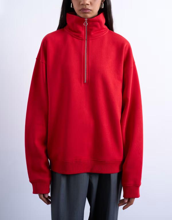 トップショップ レディース アウター パーカー・スウェット ハーフジップ Topshop quarter zip sweat RED レッド｜ReVida 店