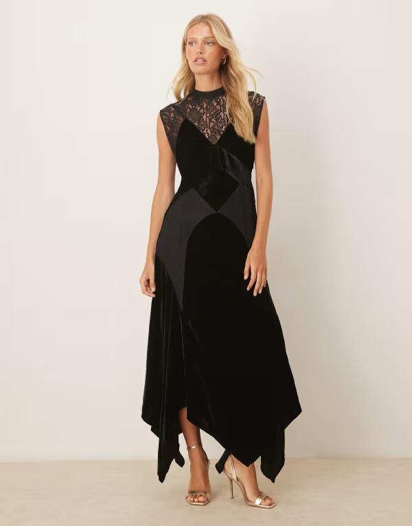 エイソス レディース トップス 衣装 マキシ衣装 天鵞絨 スピード競技 マキシ ASOS DESIGN velvet and lace mix maxi dress with handkerchief hem Black 黒いこと