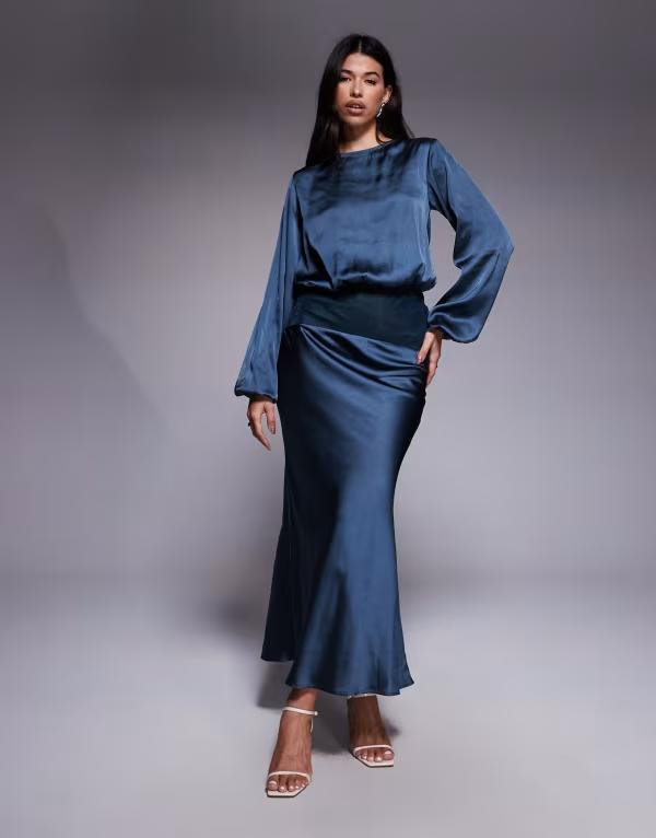 エイソス レディース トップス ワンピース マキシワンピース ベルベット サテン マキシ ASOS DESIGN satin slash neck velvet paneled maxi dress BLUE ブルー｜ReVida 店