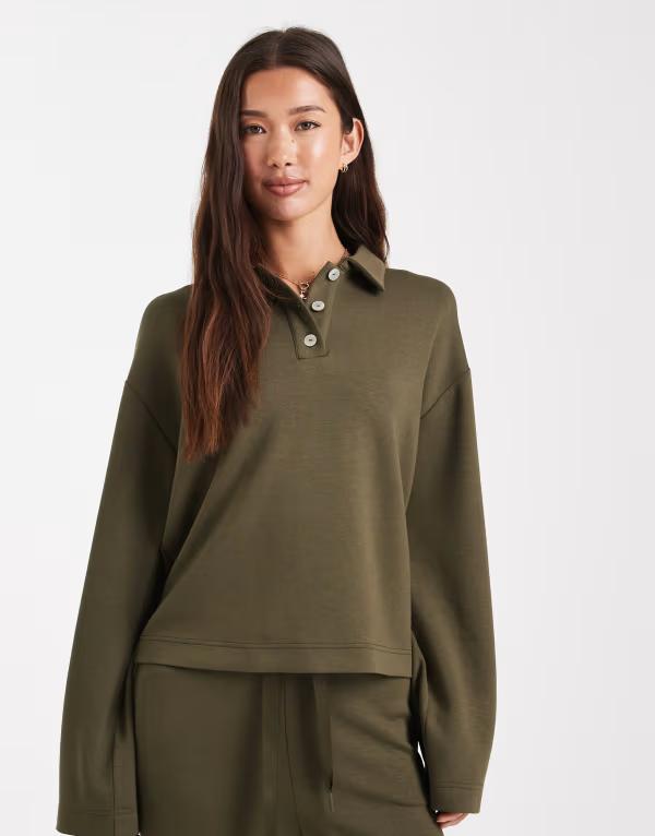 ヴェロモーダ レディース アウター パーカー・スウェット スポーツシャツ Vero Moda super soft polo sweat top インチ olive green - part of a set Grape leaf 葡萄