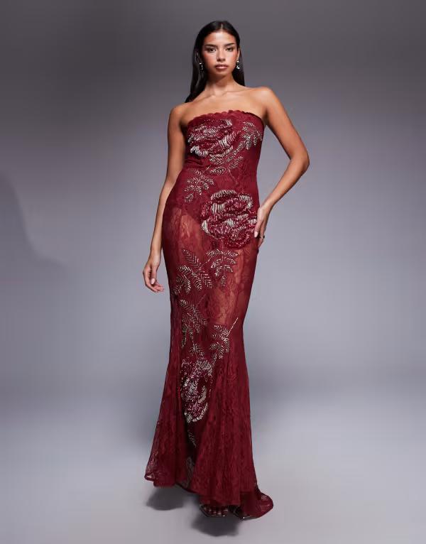 エイソス レディース トップス 衣装 マキシ衣装 スコート スピード競技 マキシ ASOS DESIGN bandeau lace embellished maxi dress with corset detailing and fishtail skirt インチ berry Berry