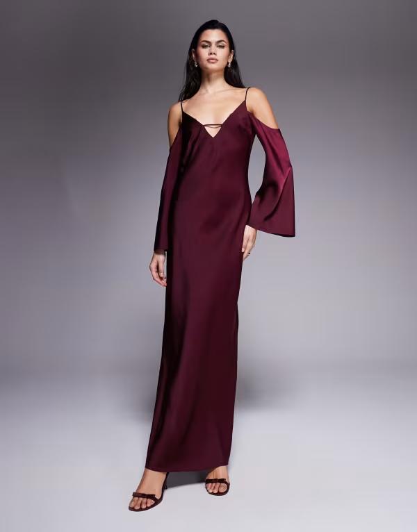 エイソス レディース トップス ワンピース マキシワンピース サテン マキシ ASOS DESIGN satin long sleeve fallen shoulder cami maxi dress in plum Plum プラム