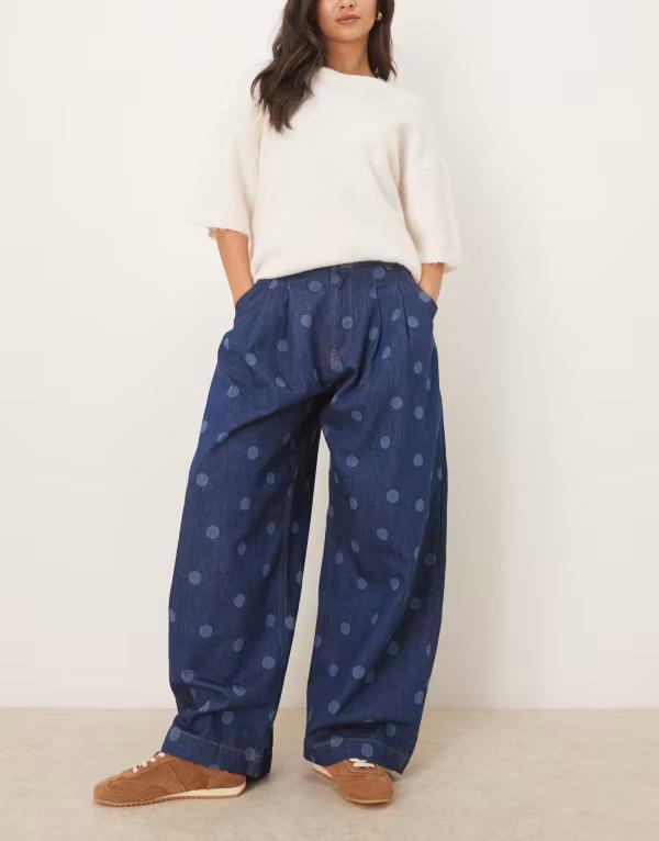エイソス レディース ボトムス デニムパンツ ドット柄 ドット ジーンズ ASOS DESIGN oversized horseshoe jeans in laser polka dot BLUE ブルー 16,635円