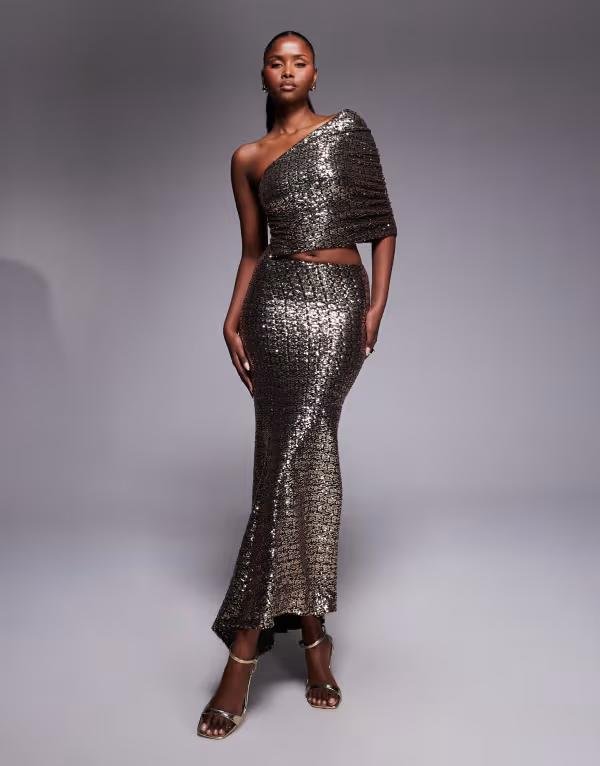 エイソス レディース トップス 衣装 マキシ衣装 ギャザー スパンコール マキシ ASOS DESIGN sequin one shoulder maxi dress with ruched bodice Gold ゴールド
