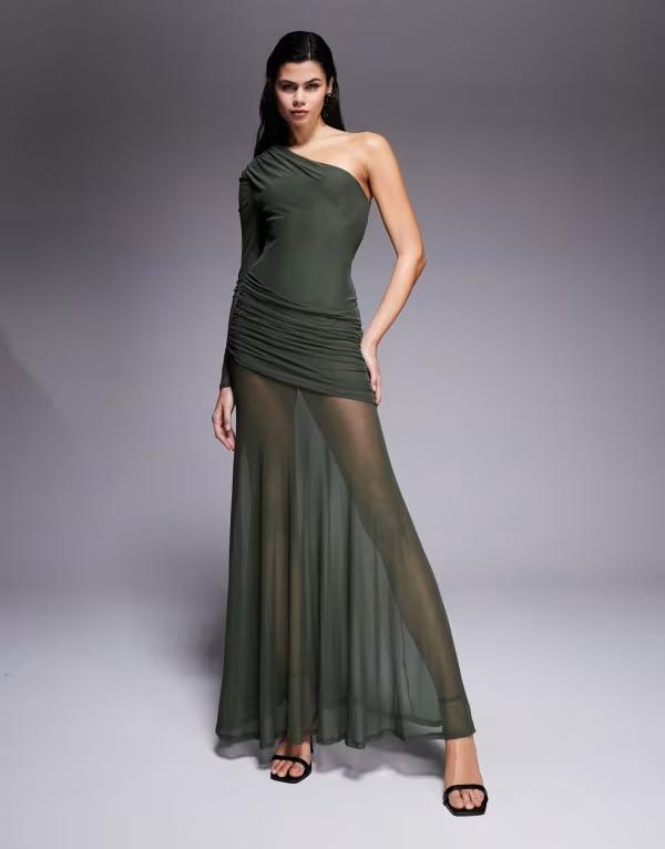 エイソス レディース トップス ワンピース マキシワンピース メッシュ スカート マキシ ASOS DESIGN mesh one sleeve gauged detailing maxi dress with full skirt Green グリーン｜ReVida 店