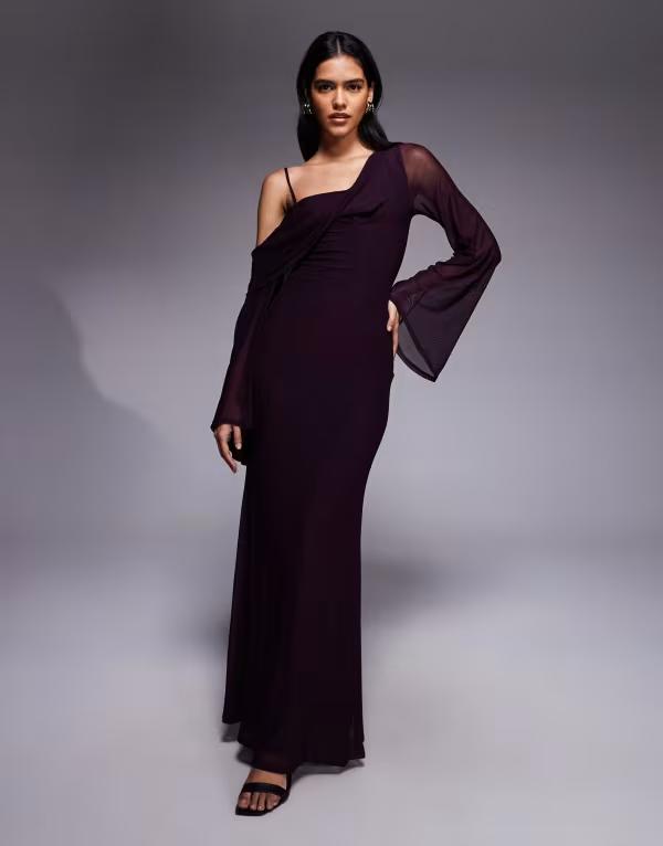 エイソス レディース トップス ワンピース ミディワンピース メッシュ ミディ ASOS DESIGN mesh folded neckline midi dress with fallen shoulder in plum Plum プラム