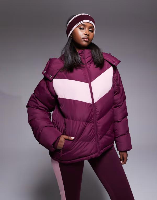 スリードベア レディース アウター ジャケット・ブルゾン コントラスト ジャケット Threadbare Ski puffer jacket with pink panel contrast Fig バーガンディ|ReVida 店