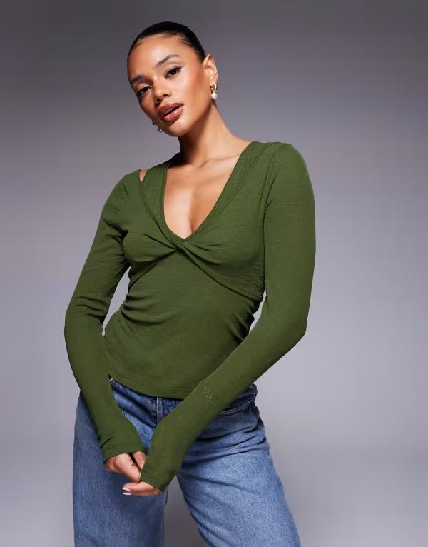 エイソス レディース トップス Tシャツ ASOS DESIGN twist bust double layer long sleeve top in dark olive Dark Olive オリーブ
