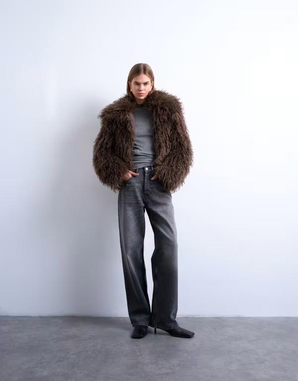 とっ始め販売店 レディース アウター 厚地の外套 Topshop faux Mongolian fur bomber coat インチ chocolate Chocolate/Mink 黒茶