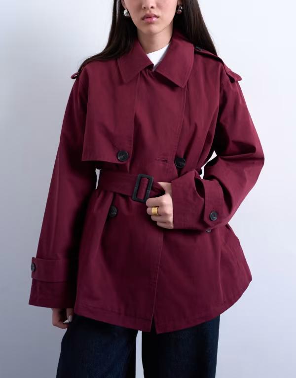 トップショップ レディース アウター コート Topshop short 90s trench coat Burgundy バーガンディ