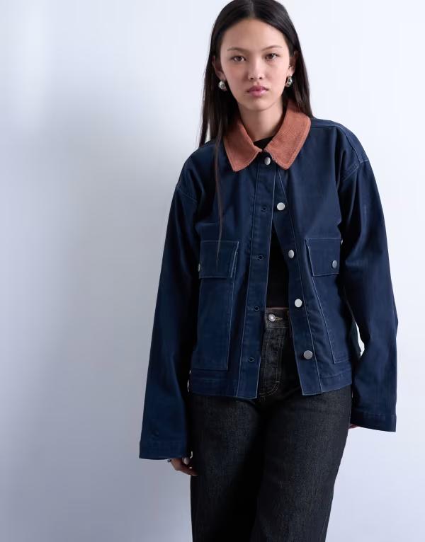 とっ始め販売店 レディース アウター 上衣・上衣 コール天 対照 上衣 Topshop cut corduroy jacket with contrast corduroy collar NAVY 米国海軍