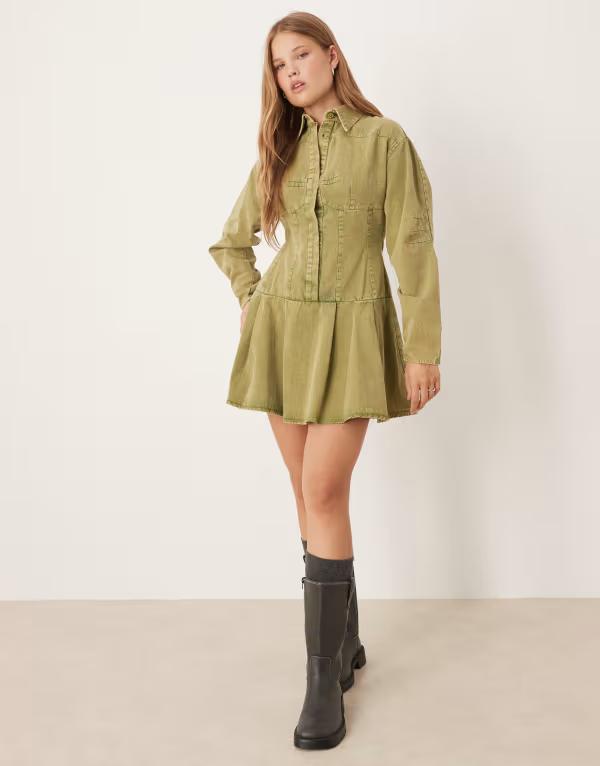 エイソス レディース トップス ワンピース シャツワンピース ミニ シャツ ASOS DESIGN cinched long sleeve mini shirt dress in washed Washed green グリーン