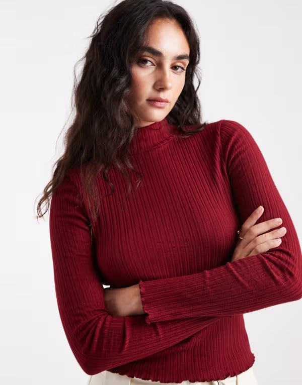 ミスセルフフリッジ レディース トップス シャツ ハイネック リブ Miss Selfridge ribbed high neck top RED レッド