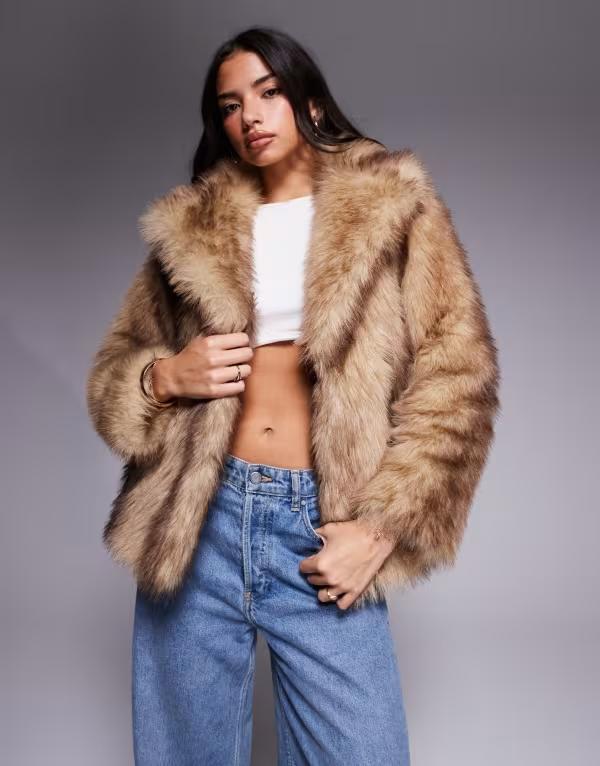 スリードベア レディース アウター ジャケット・ブルゾン ジャケット Threadbare faux fur jacket with oversized collar in light BROWN ブラウン