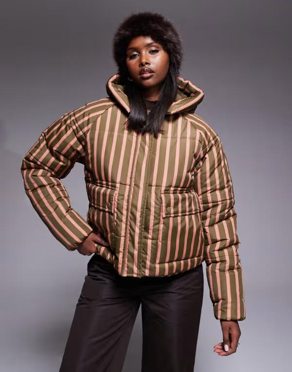 スリードベア レディース アウター コート Threadbare Ski striped puffer coat with hood and PINK ピンク
