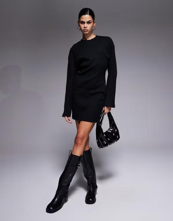 エイソス レディース トップス ワンピース クルーネック ミニワンピース ミニ ASOS DESIGN button detail wide rib crew neck mini dress Black ブラック｜ReVida 店 7,336円