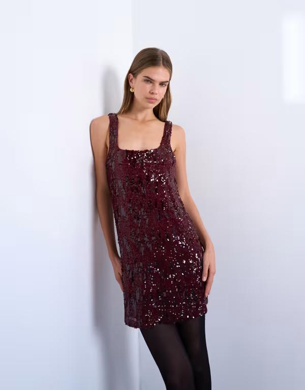 トップショップ レディース トップス ワンピース ミニワンピース ミニ スパンコール Topshop sequin scoop neck mini dress Burgundy バーガンディ